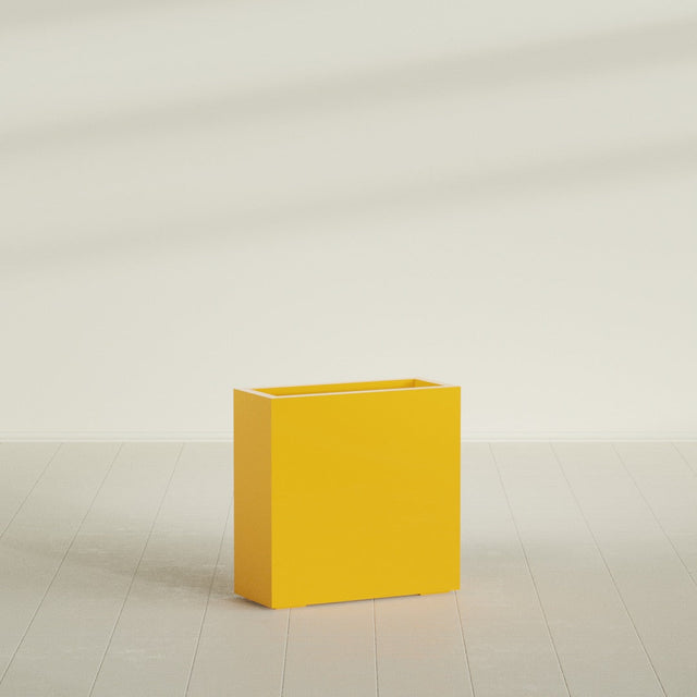 Milano Narrow Rectangular Planter in Gloss Saffron, 24"L × 10"D × 24"H, shown empty
