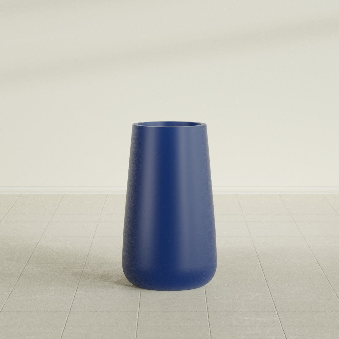 Saigon Tapered Round Planter in Matte Cobalt Blue, 16"D × 36"H, shown empty