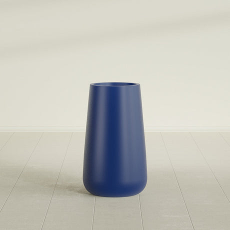 Saigon Tapered Round Planter in Matte Cobalt Blue, 16"D × 36"H, shown empty