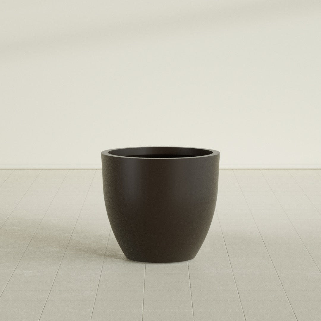 Wannsee Round Planter in Matte Dark Brown, 33"D × 29"H, shown empty