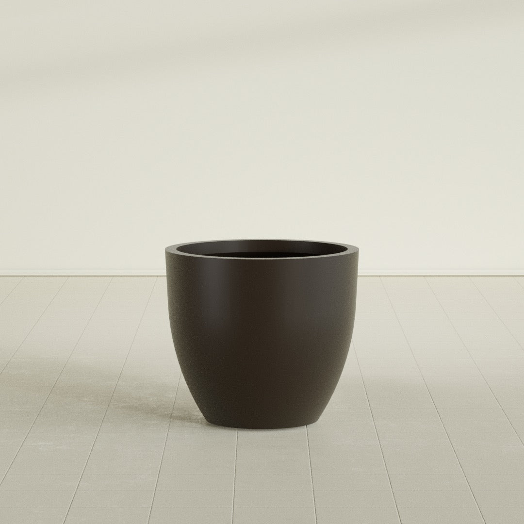 Wannsee Round Planter in Matte Dark Brown, 33"D × 29"H, shown empty