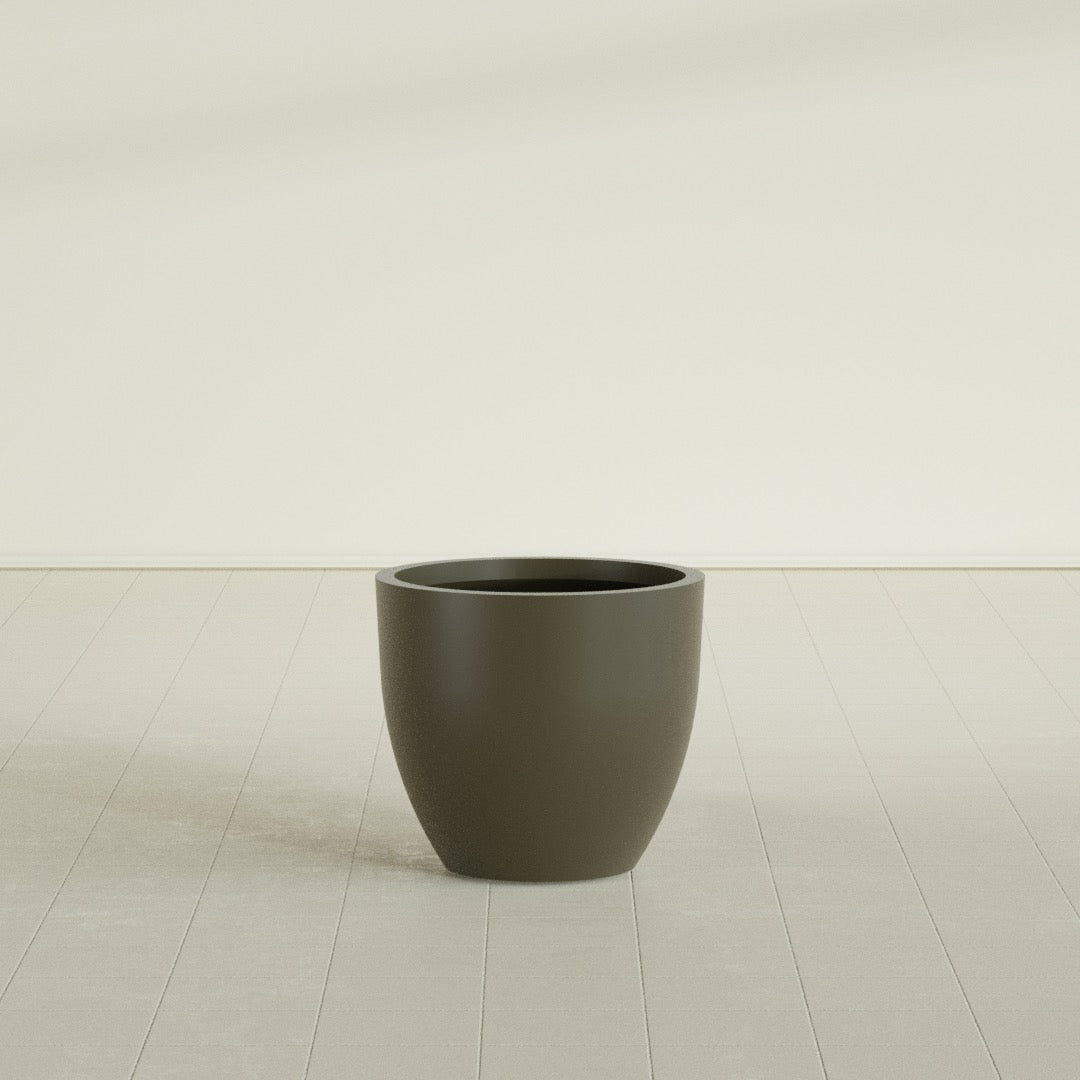 Wannsee Round Planter in Matte Bronze, 27"D × 24"H, shown empty