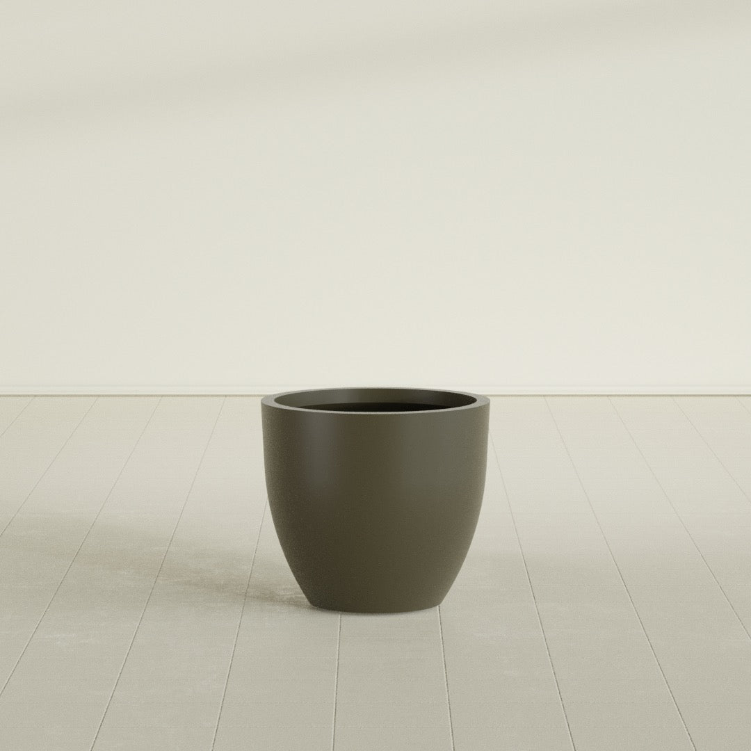 Wannsee Round Planter in Matte Bronze, 27"D × 24"H, shown empty