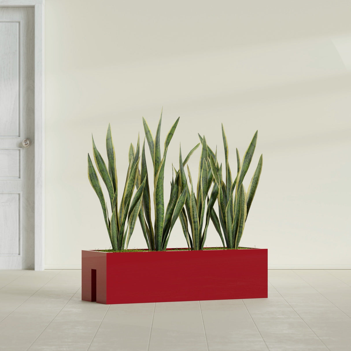 Tiergarden Railing fiberglass planter in Gloss Red, shown planted, in a sunlit interior