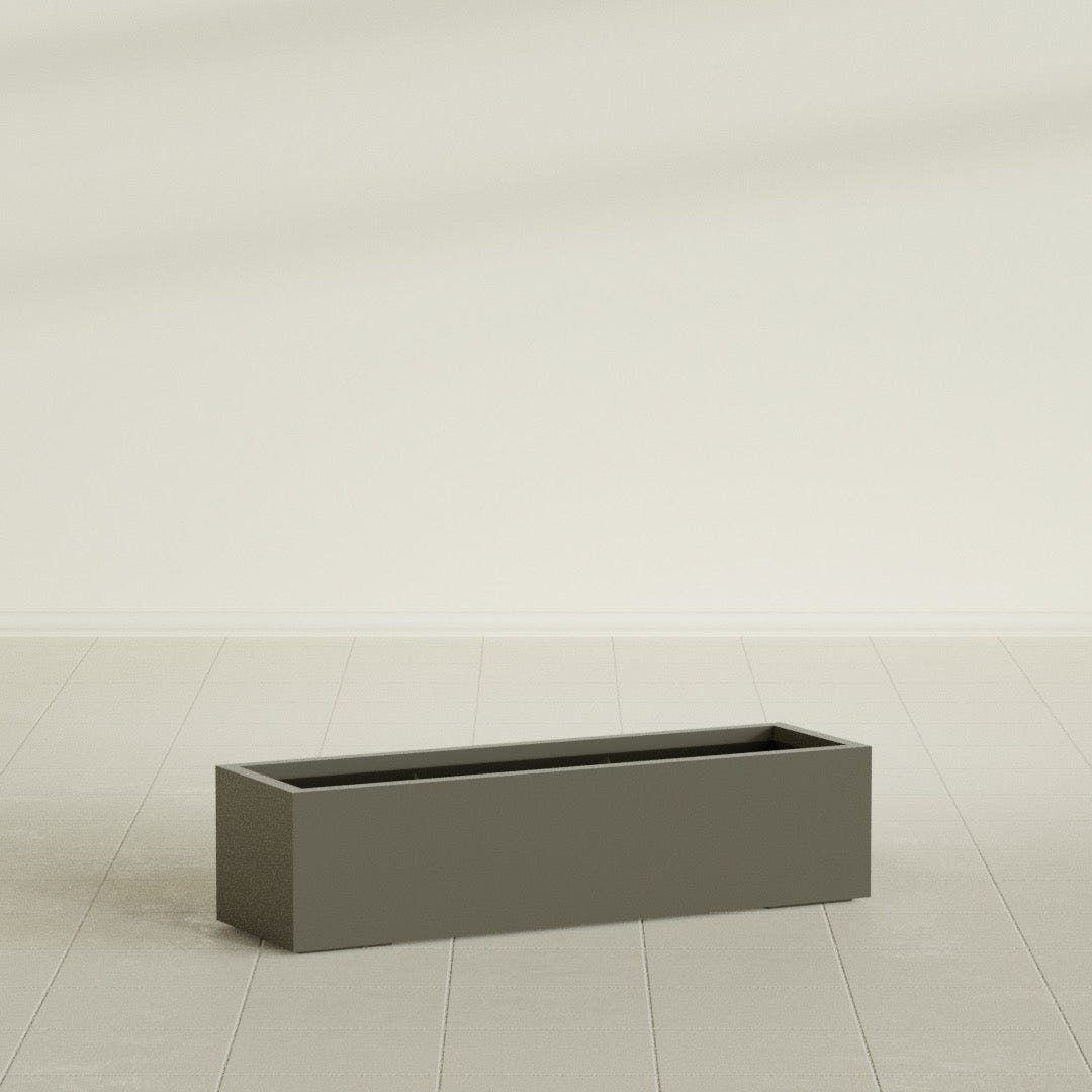 Cuba Low Rectangular Planter in Matte Bronze, 48"L × 14"D × 12"H, shown empty
