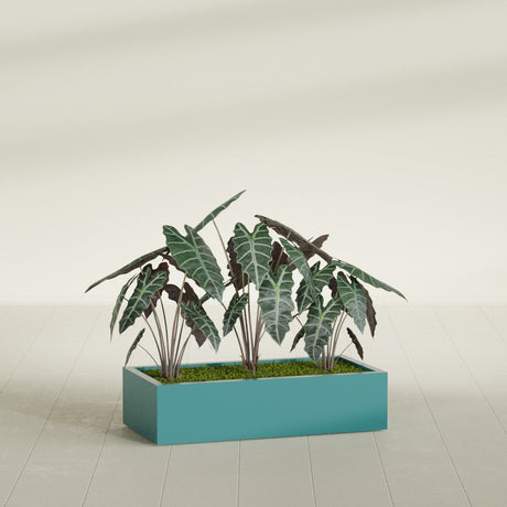 Antwerp Corner fiberglass planter in Satin Seafoam Green, shown planted, in a sunlit interior