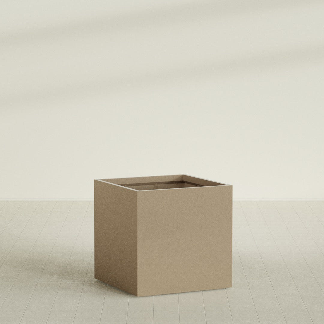 Montroy Cube Planter in Gloss Metallic Gold, 40", shown empty