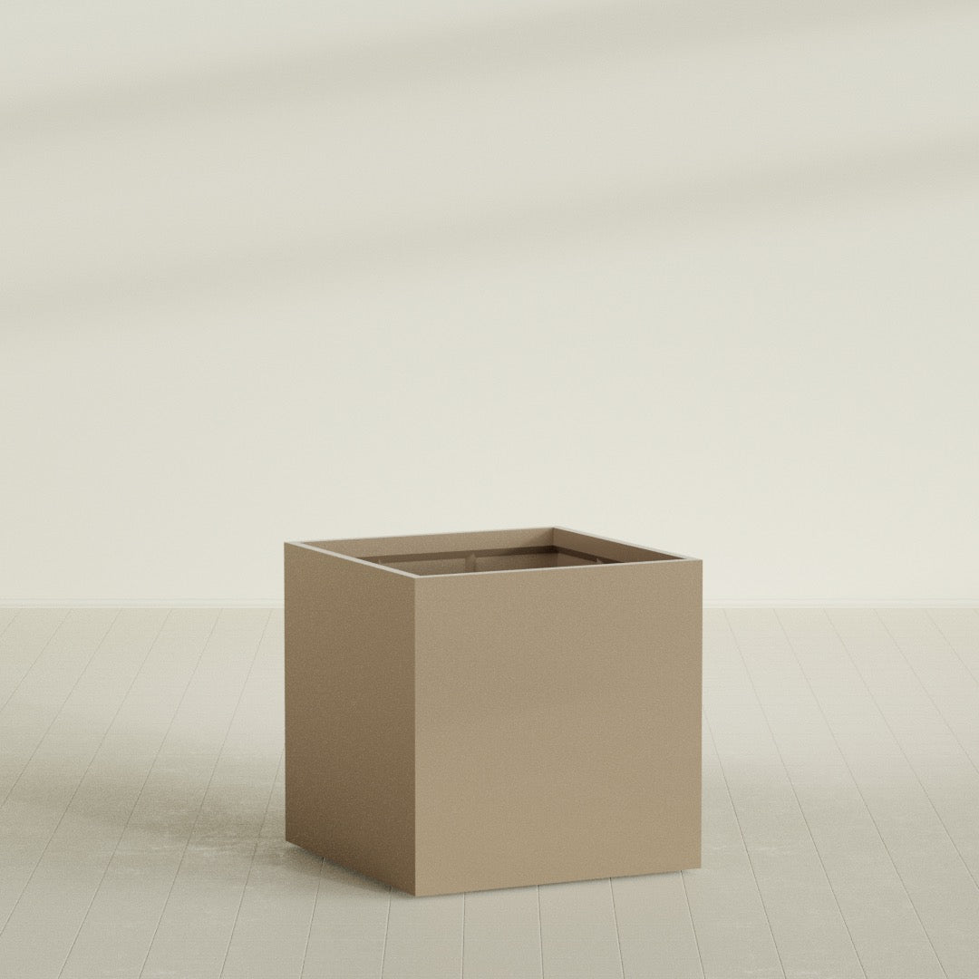 Montroy Cube Planter in Gloss Metallic Gold, 40", shown empty