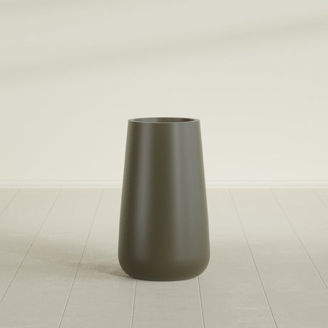 Saigon Tapered Round Planter in Matte Bronze, 16"D × 36"H, shown empty