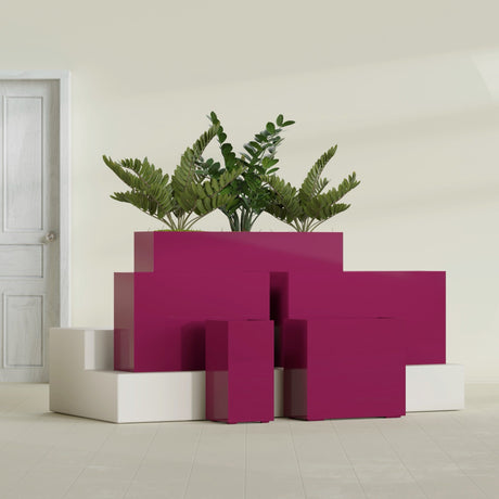 Potsdam Corner fiberglass planter in Gloss Eggplant, size range, in a sunlit interior