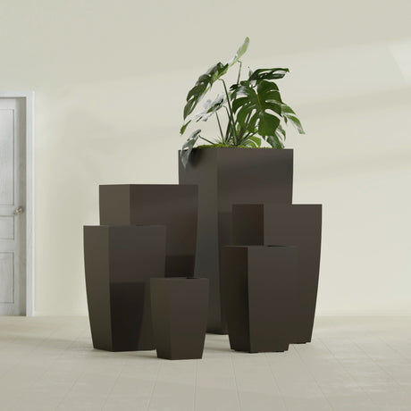 Toulan Tapered Square fiberglass planter in Matte Dark Brown, size range, in a sunlit interior