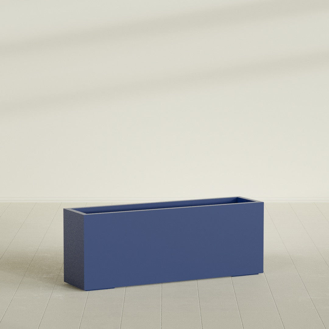 Miami Narrow Rectangular Planter in Matte Cobalt Blue, 48"L × 12"D × 18"H, shown empty