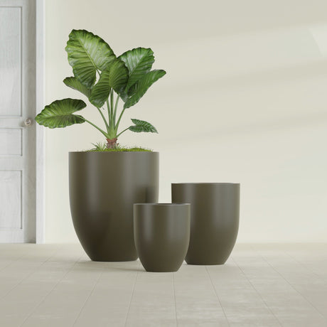 Valencia Tapered Round fiberglass planter in Matte Bronze, size range, in a sunlit interior