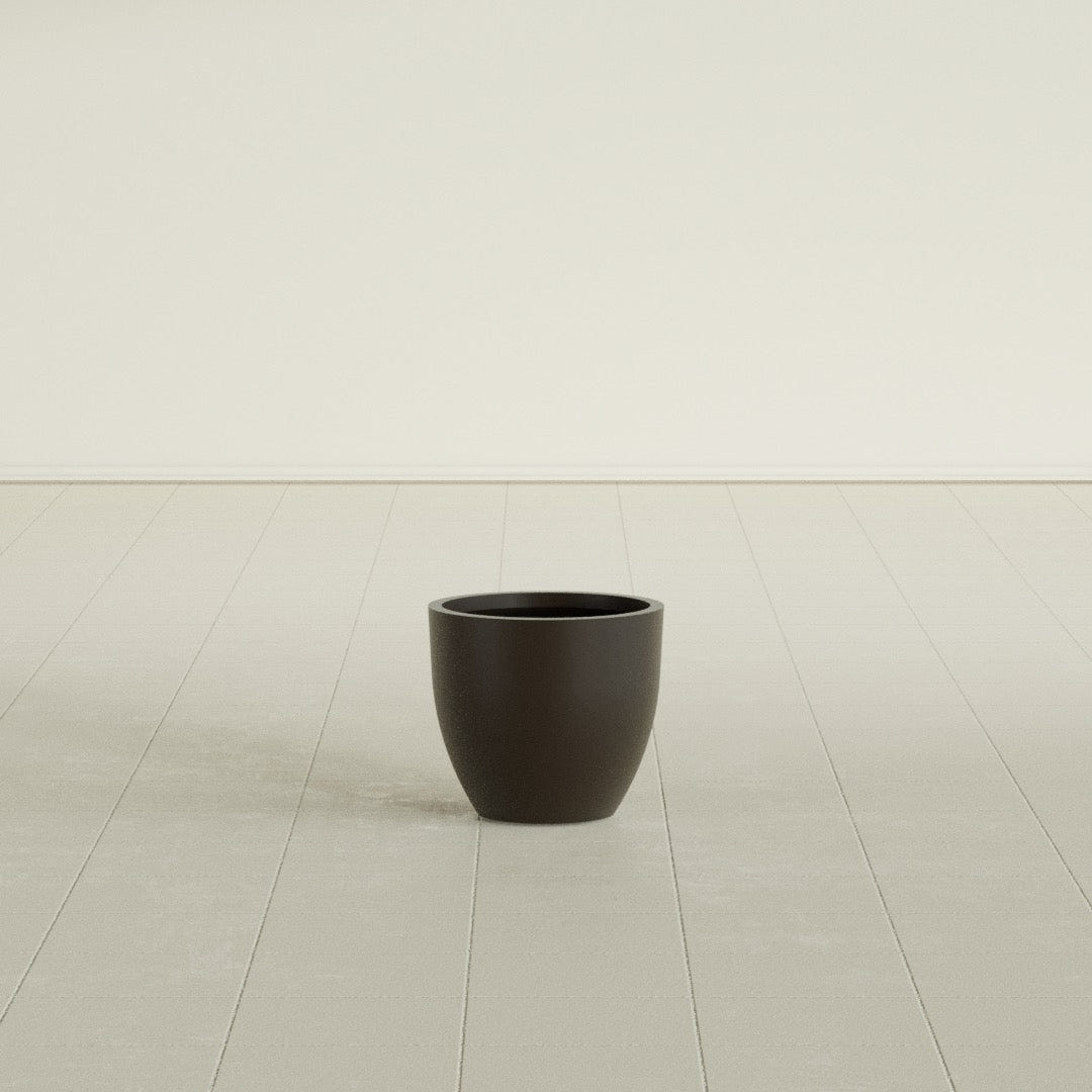 Wannsee Round Planter in Matte Dark Brown, 15"D × 13"H, shown empty