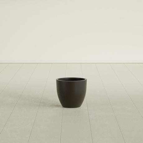 Wannsee Round Planter in Matte Dark Brown, 15"D × 13"H, shown empty