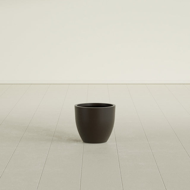 Wannsee Round Planter in Matte Dark Brown, 15"D × 13"H, shown empty