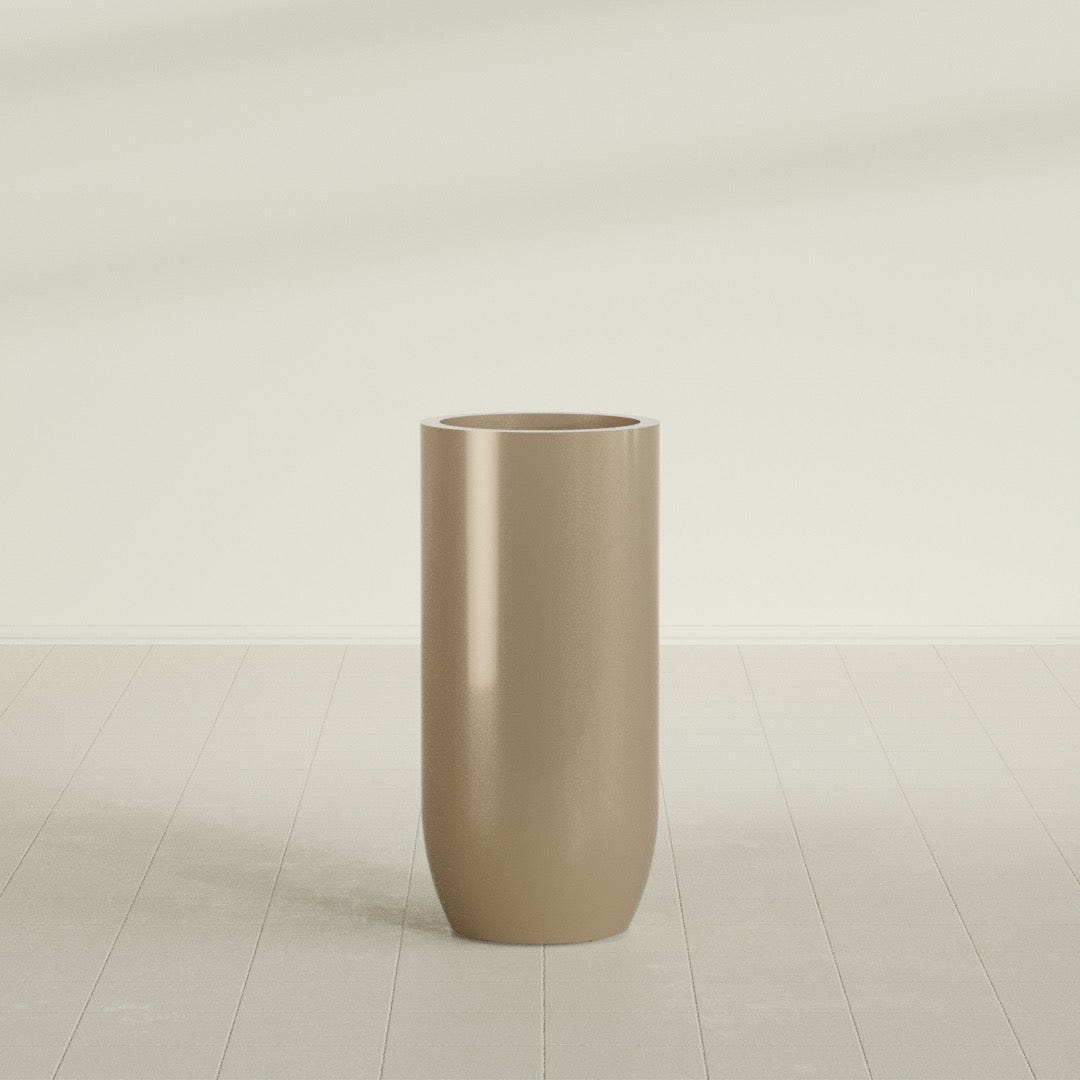 Saint Tropez Bullet Round Planter in Gloss Metallic Gold, 20"D × 43"H, shown empty