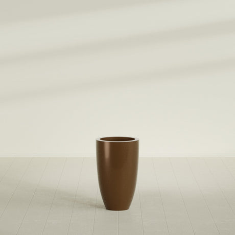 Brannan Tapered Round Planter in Metallic Bronze, 18"D × 29"H, shown empty