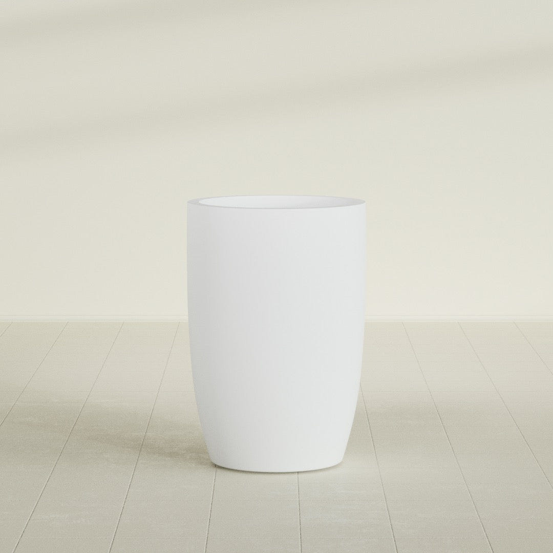 Lisbon tall round tapered fiberglass planter in Gloss Bright White, 24 in diameter, 36 in high, shown empty