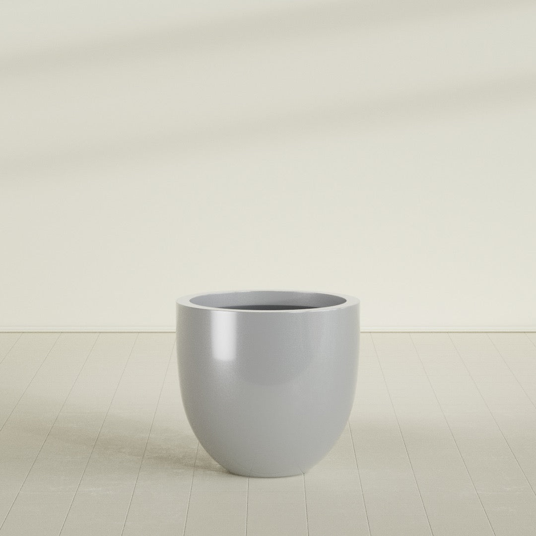Alzira Bowl Planter in Metallic Silver, 30"D × 28"H, shown empty