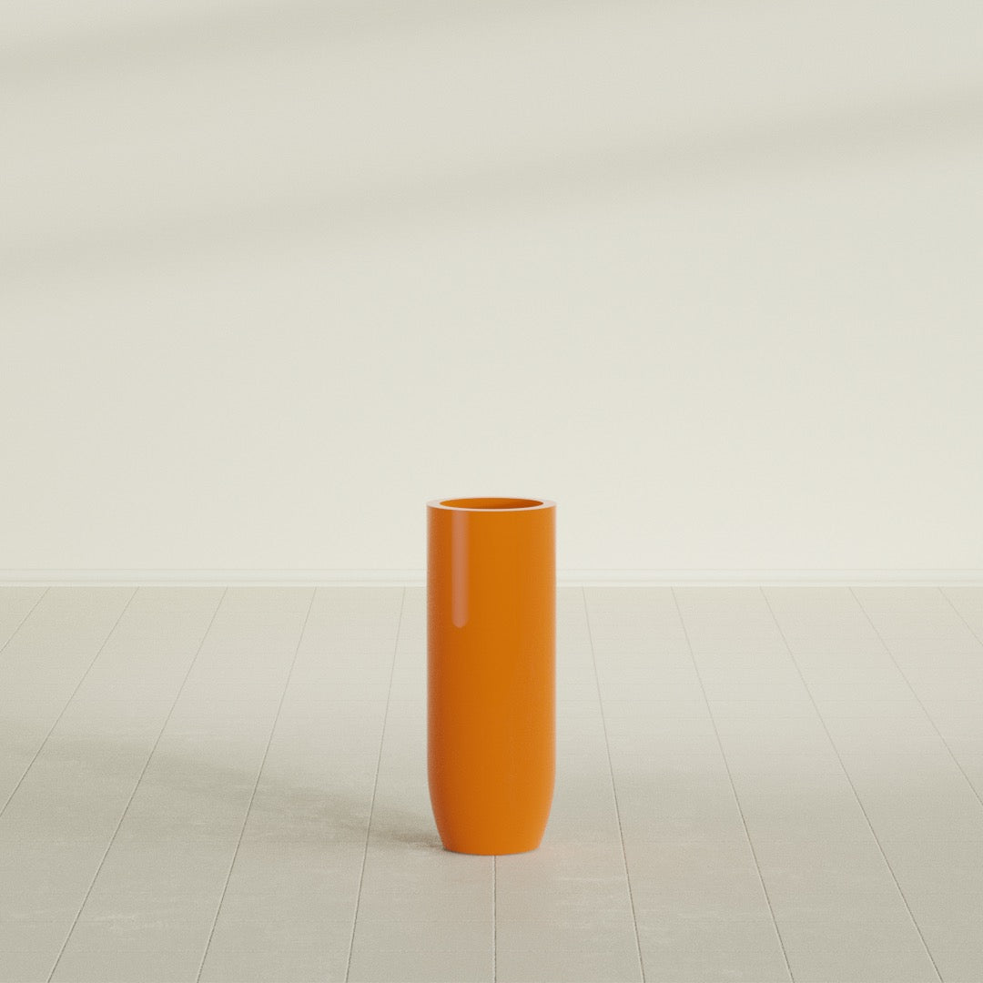 Saint Tropez Bullet Round Planter in Gloss Tangerine, 12"D × 32"H, shown empty