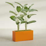 Tolga Rectangular fiberglass planter in Gloss Tangerine, planted, in a sunlit interior