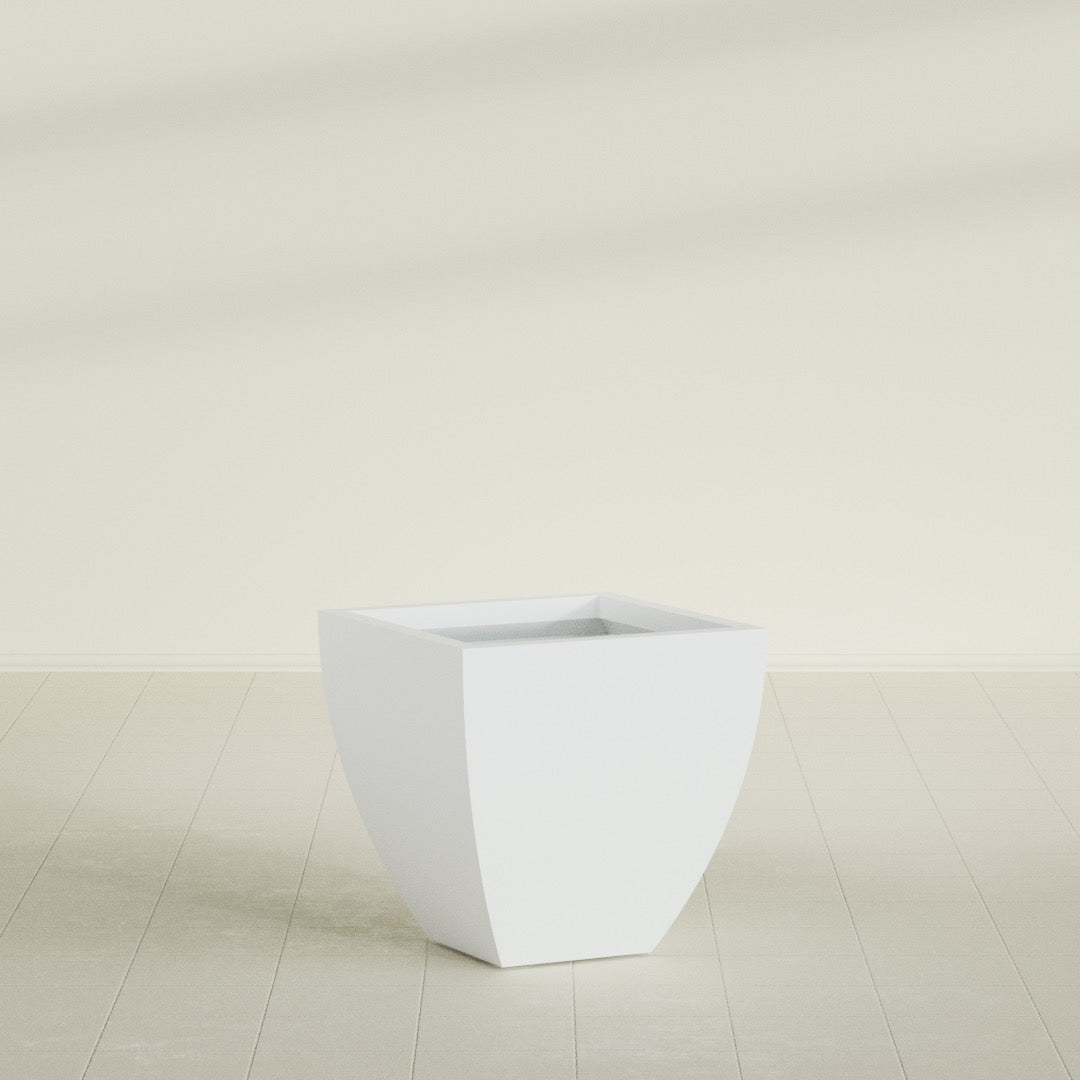 Lima Tapered Square Planter in Matte Bright White, 24", shown empty
