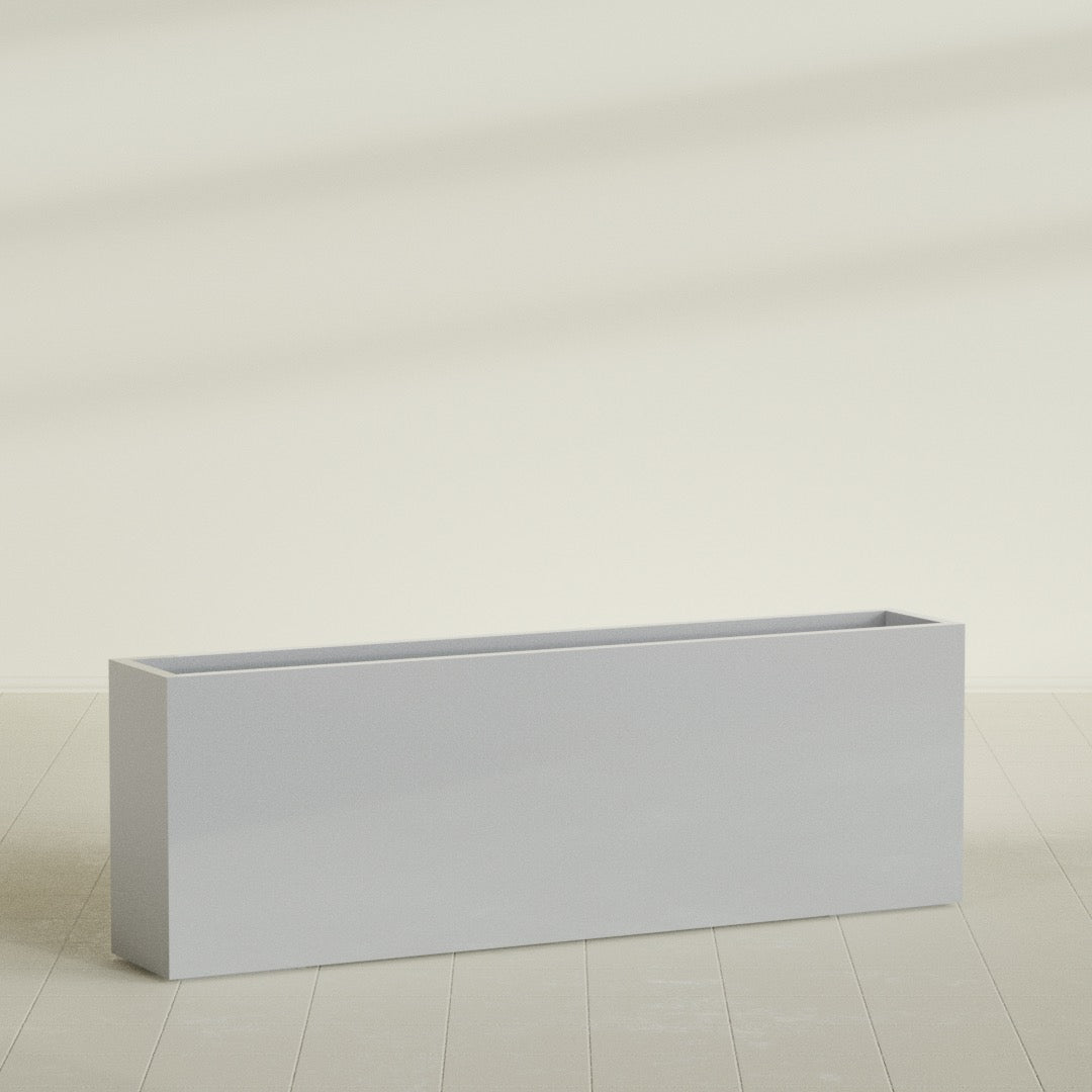 Hollywood Narrow Rectangular Planter in Metallic Silver, 72"L × 12"D × 24"H, shown empty