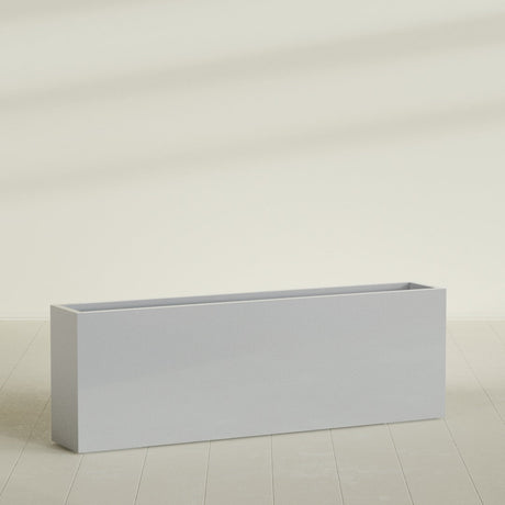 Hollywood Narrow Rectangular Planter in Metallic Silver, 72"L × 12"D × 24"H, shown empty