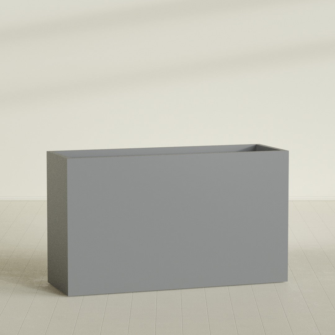 Darwin Rectangular Planter in Matte Gunmetal, 72"L × 24"D × 42"H, shown empty