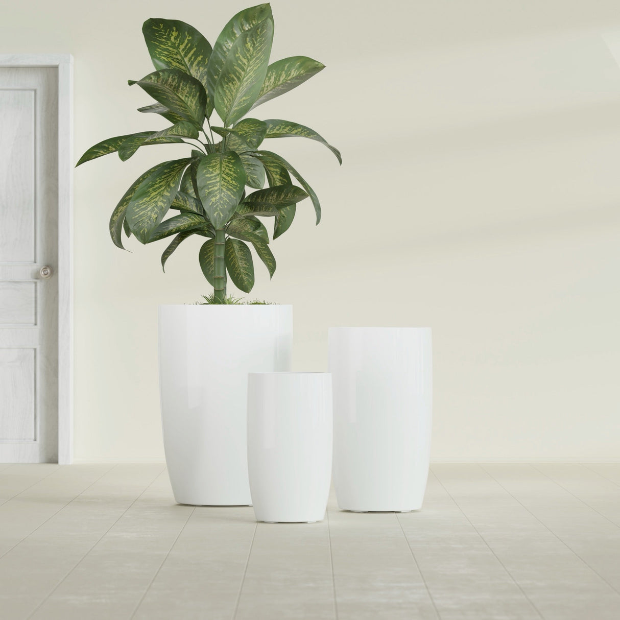 Lisbon Tall Round fiberglass planter in Gloss Bright White, size range, in a sunlit interior