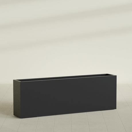 Hollywood Narrow Rectangular Planter in Matte Black, 72"L × 12"D × 24"H, shown empty