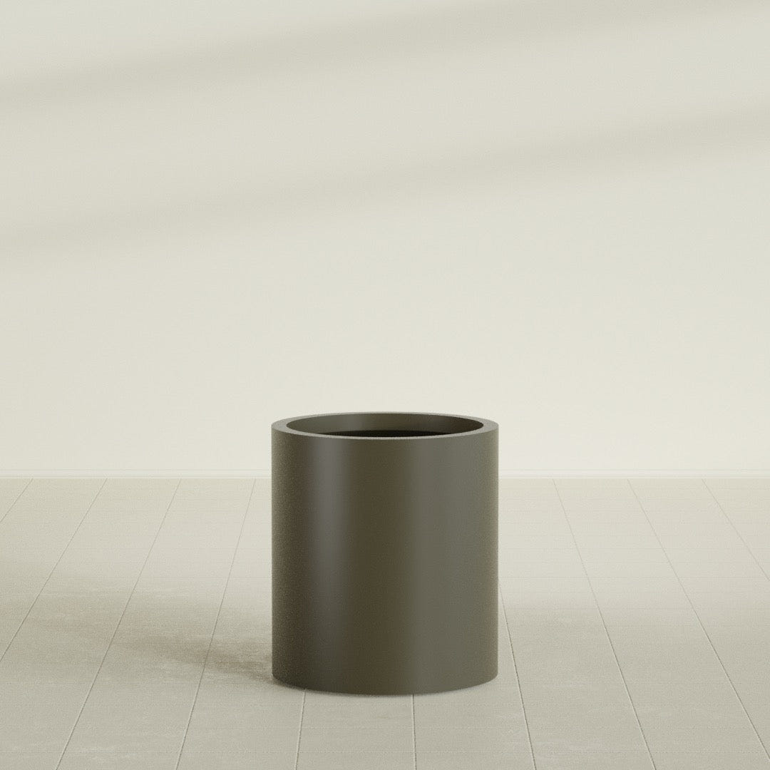 Rio Grande Cylinder Planter in Matte Bronze, 18"D × 20"H, shown empty