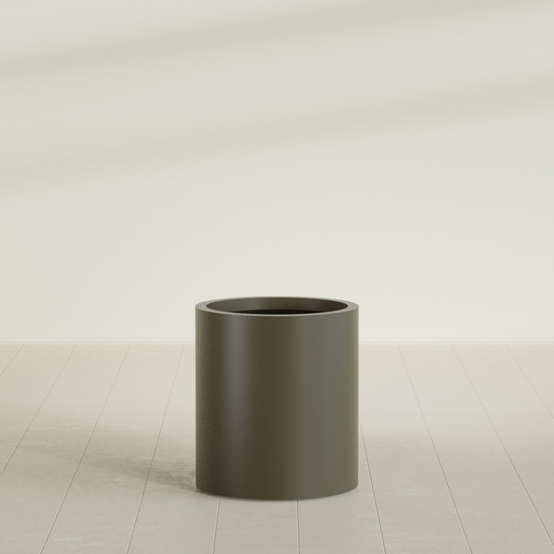 Rio Grande Cylinder Planter in Matte Bronze, 18"D × 20"H, shown empty