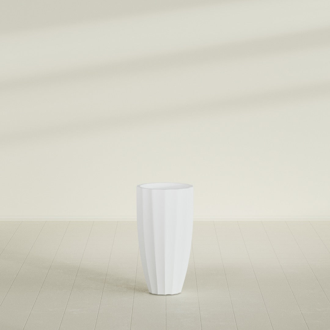 San Jose Tall Fluted Planter in Gloss Bright White, 16"D × 30"H, shown empty