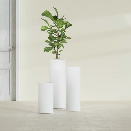 Corry Cylinder fiberglass planter in Matte Bright White, size range, in a sunlit interior
