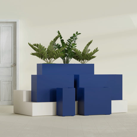 Potsdam Rectangular fiberglass planter in Matte Cobalt Blue, size range, in a sunlit interior