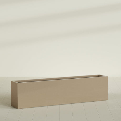 Miami Narrow Rectangular Planter in Gloss Metallic Gold, 72"L × 12"D × 18"H, shown empty