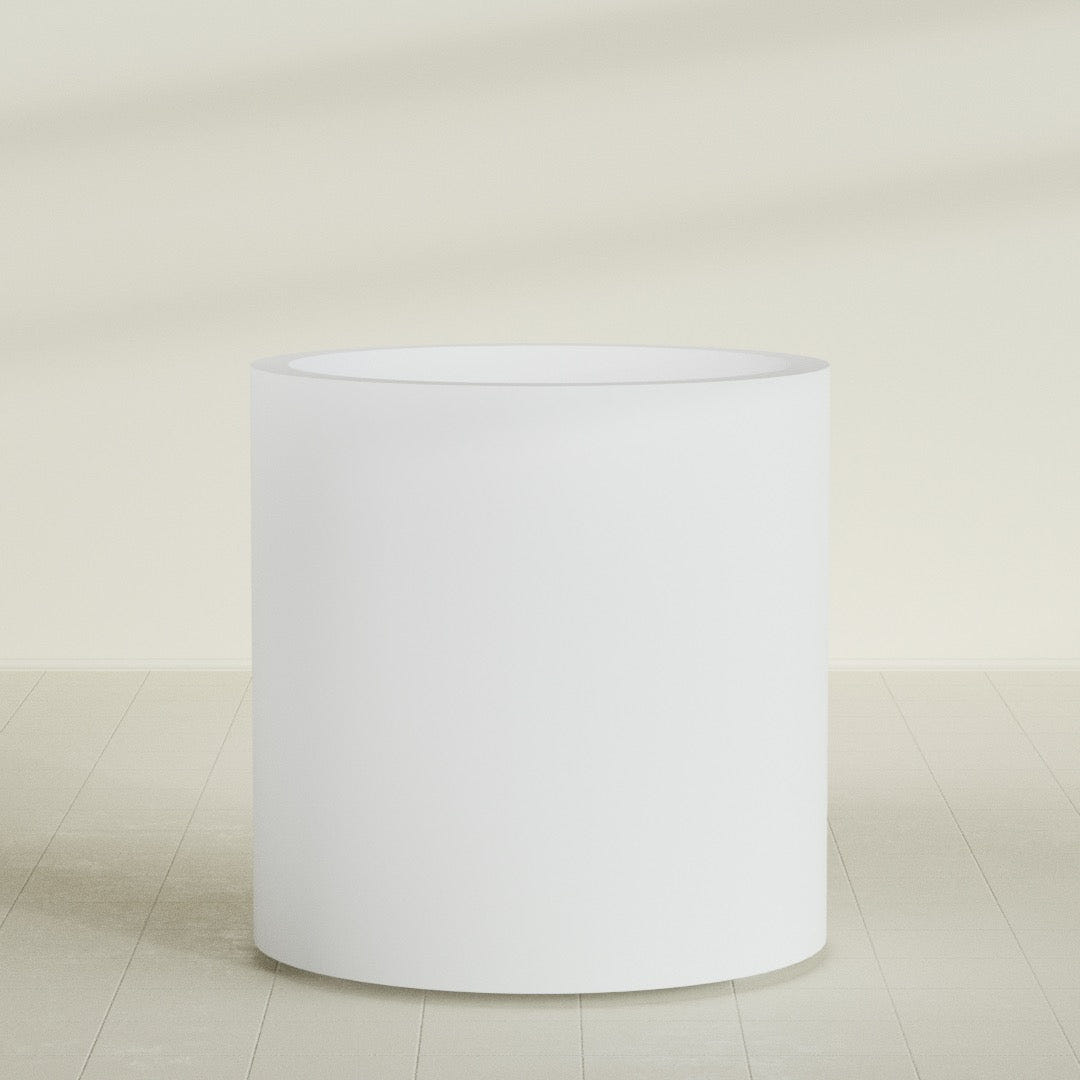 Rio Grande Cylinder Planter in Gloss Bright White, 30"D × 32"H, shown empty