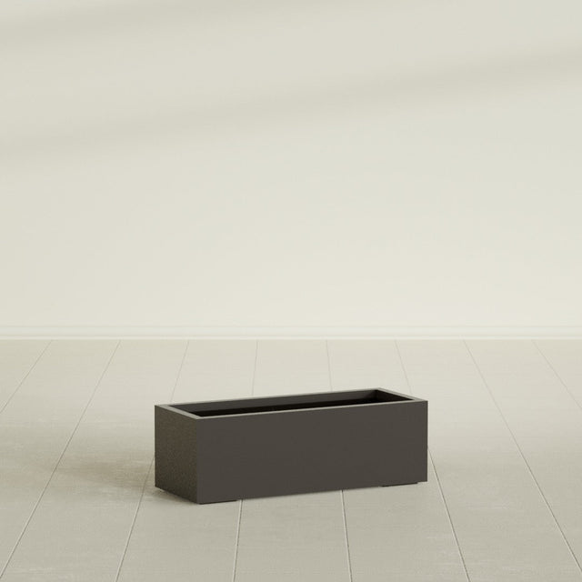 Cuba Low Rectangular Planter in Matte Dark Brown, 36"L × 14"D × 12"H, shown empty