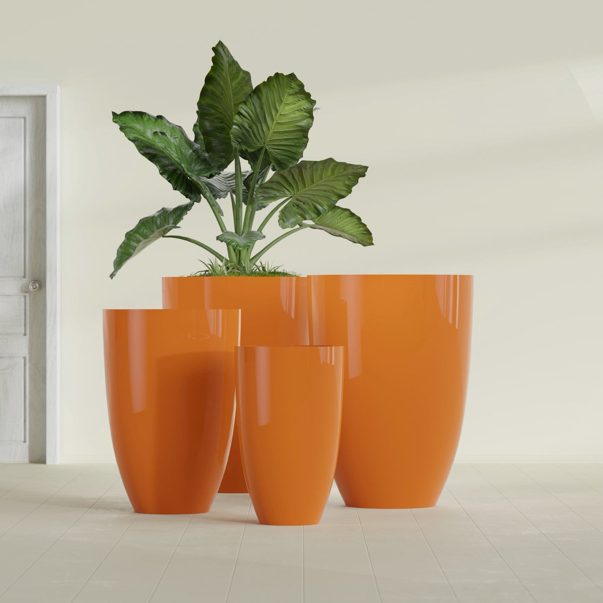 Brannan Tapered Round fiberglass planter in Gloss Tangerine, size range, in a sunlit interior