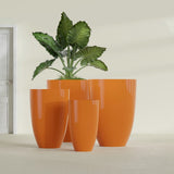 Brannan Tapered Round fiberglass planter in Gloss Tangerine, size range, in a sunlit interior