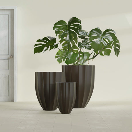 Alicante Fluted Planter in Matte Dark Brown, 15"D × 21"H, shown empty