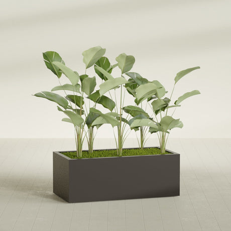 Torino Corner fiberglass planter in Matte Dark Brown, shown planted, in a sunlit interior