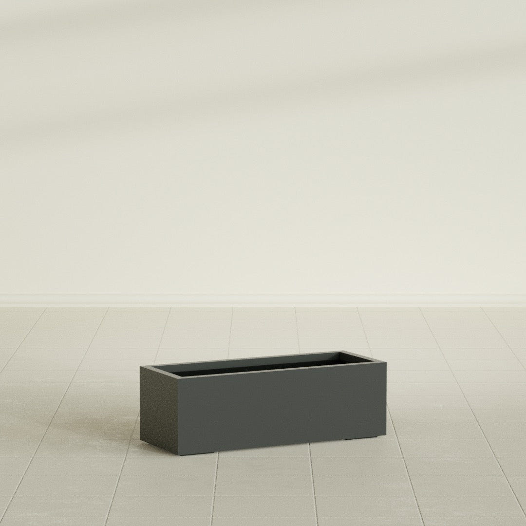 Cuba Low Rectangular Planter in Matte Charcoal, 36"L × 14"D × 12"H, shown empty