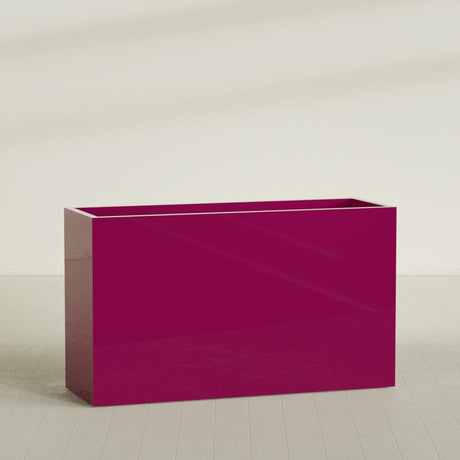 Darwin Rectangular Planter in Gloss Eggplant, 72"L × 24"D × 42"H, shown empty