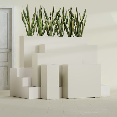 Delray Rectangular fiberglass planter in Satin Beige, size range, in a sunlit interior