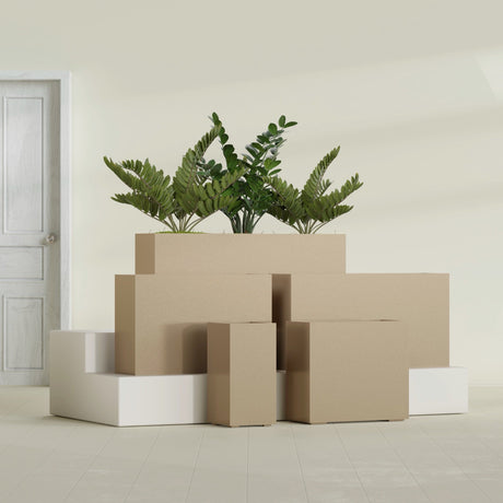 Potsdam Rectangular fiberglass planter in Gloss Metallic Gold, size range, in a sunlit interior