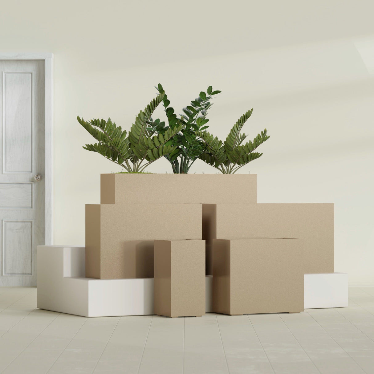 Potsdam Corner fiberglass planter in Gloss Metallic Gold, size range, in a sunlit interior