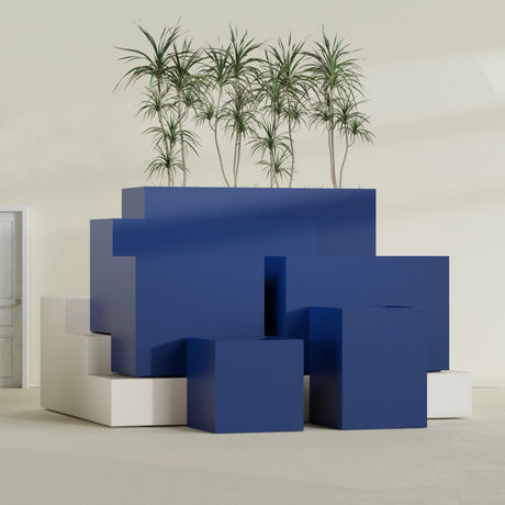 Brisbane Rectangular fiberglass planter in Matte Cobalt Blue, size range, in a sunlit interior